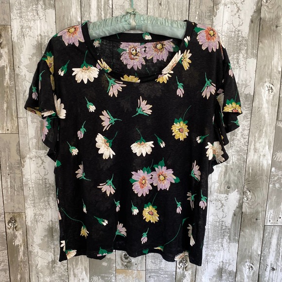 LOFT Tops - Loft linen black floral t-shirt M